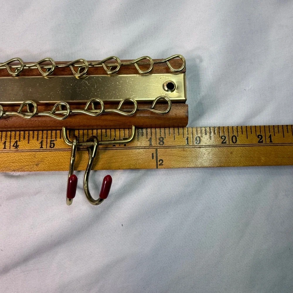 Vintage Wooden Wall Mount Tie Rack Brass Tone 24 Hook Closet Organizer Brown